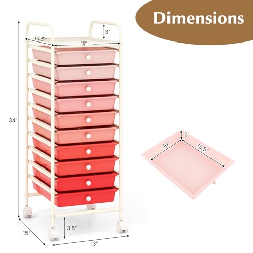 DREAMADE Rolling Cart with Storage Drawers, Utility Cart with Removable Plastic Drawers, Lockable Wheels, Art Cart for Classroom Organization Art Supplies Office Scrapbook (10 Drawers, Mixed-pink) - color: Mixed-pink, style: 10 Drawers