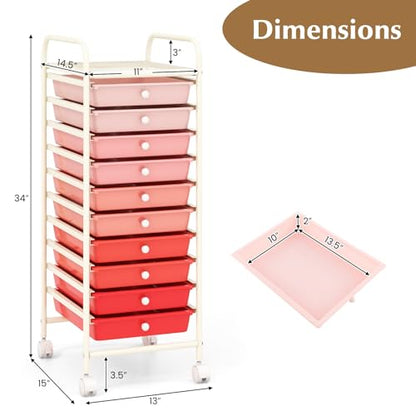 DREAMADE Rolling Cart with Storage Drawers, Utility Cart with Removable Plastic Drawers, Lockable Wheels, Art Cart for Classroom Organization Art Supplies Office Scrapbook (10 Drawers, Mixed-pink) - color: Mixed-pink, style: 10 Drawers
