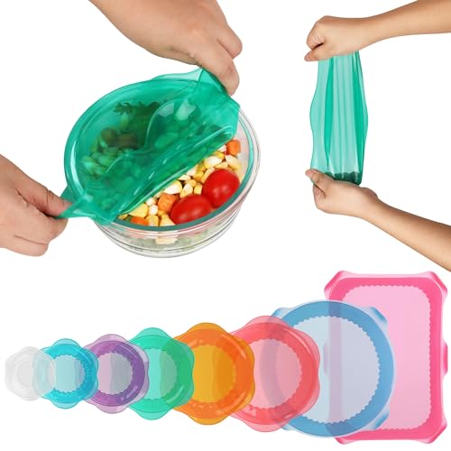 Silicone Stretch Lids for Food Storage in Fridge, Reusable Elastic Bowl Covers for Cup, Cans, Jars, Round & Rectangle Container, Food Grade Silicone Microwave Food Cover, Heat-Resistant, 8PCS - color: 8 Pcs Colorful