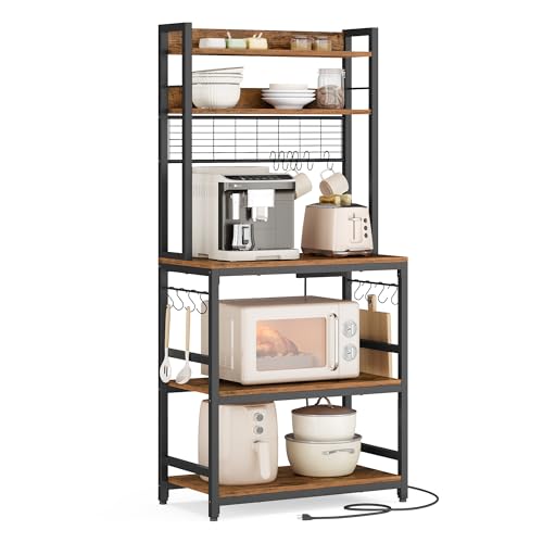 VASAGLE Bakers Rack with Power Outlet, Microwave Stand, Kitchen Tall Utility Storage Shelf, with Metal Wire Panel, 14 Hooks, 15.7 x 23.6 x 66.9 Inches, Rustic Brown and Ink Black UKKS037B01 - color: Rustic Brown + Ink Black, size: 23.6"W