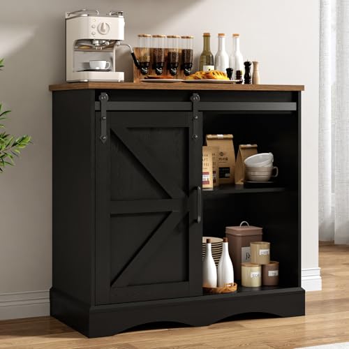 HOMFAMILIA 31.5" H Farmhouse Coffee Bar Cabinet w/Storage, White Kitchen Coffee Station with Sliding Barn Door, Rustic Buffet Cabinet with Adjustable Shelves, for Kitchen, Living Room, Black - color: Black