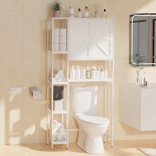 Bamboo Over The Toilet Storage, Above Toilet Organizer Storage Shelf, Tall Freestanding Behind Toilet Rack, Tiered Bathroom Space Saver Shelving, Easy Assembly (White) - color: White