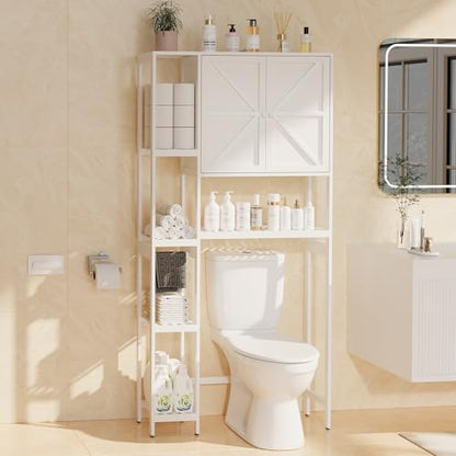 Bamboo Over The Toilet Storage, Above Toilet Organizer Storage Shelf, Tall Freestanding Behind Toilet Rack, Tiered Bathroom Space Saver Shelving, Easy Assembly (White) - color: White