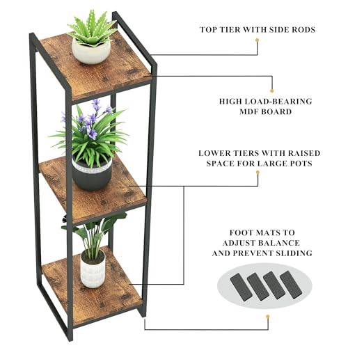 45" Tall Indoor Plant Stand, 3-Tier Flower Pot Rack, Rustic Brown | Modern Minimalist Look, Wood Finish, for Living Room, Bedroom, Balcony, Space-Saving, Sturdy Metal Frame