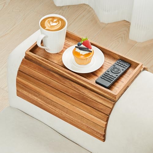 GEHE Acacia Wood Sofa Arm Tray, Foldable Couch Arm Tray Side Table, Anti-Falling Armrest Tables Cup Holder for Snacks, Drinks, Beers, Phone, Control, Flexible and Portable, Anti-Slip - color: Acacia Wood