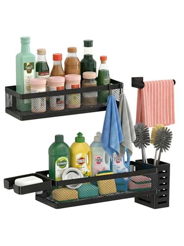 PUSDON 5-in-1 Wide Wall Mount Wrapped Mesh Kitchen Organizer & Shower Caddy Kit, with Paper Towel Holder, Utensil Holder, Soap Dish, Heavy Duty 50LBS - Matte Black, Netting - color: Matte Black, size: 5-in-1 Full Mesh (12.6" Wide)