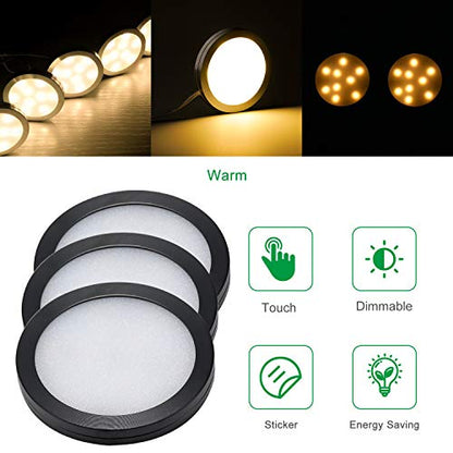 AIBOO Under Cabinet LED Black Cover Puck Lighting Kit with Touch Dimmer Switch for Kitchen Cupboard Closet Lighting (3 Lights,Warm White) (Pack of 2) - color: Warm White, size: 3 lights (Pack of 2)
