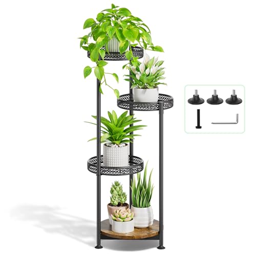 Oppro Plant Stand Indoor Outdoor, 4 Tier Metal Flower Pot Shelf Holder | Tall Corner Rack for Multiple Plants, Modern Organizer Display for Patio Orchid Office Porch Living Room Garden, Black - color: Hollow Black, size: 4 Tier Round