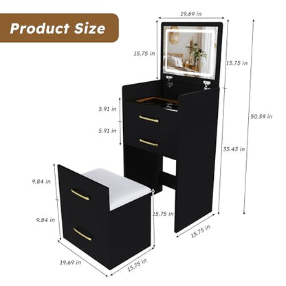 3-in-1 Black Gold Vanity Desk, Compact Makeup Vanity Set with Flip-up Mirror, Visible Glass Desktop, 3 Drawers, Hidden Storage, Multifunctional Dressing Table Nightstand Combo for Small Bedroom