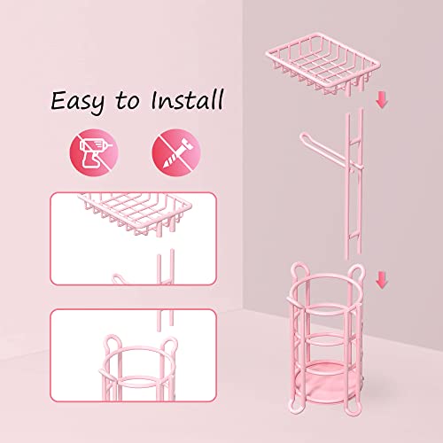 Pink Toilet Paper Holder Stand Tissue Holder for Bathroom Floor Standing Toilet Roll Dispenser Storage 4 Reserve Mega Rolls, Phone, Wipes - color: D-pink