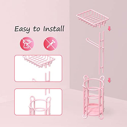 Pink Toilet Paper Holder Stand Tissue Holder for Bathroom Floor Standing Toilet Roll Dispenser Storage 4 Reserve Mega Rolls, Phone, Wipes - color: D-pink