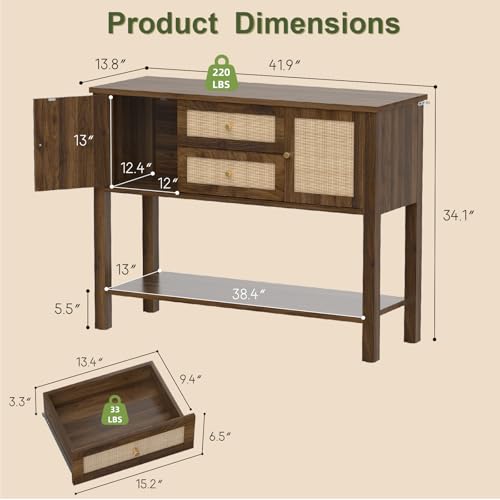 YOSHOOT Rattan Console Table with Storage, Entryway Table with 2 Doors & 2 Drawers, Farmhouse Coffee Bar for Kitchen, Living Room, and Entryway, Walnut - color: Walnut