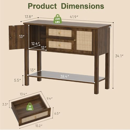YOSHOOT Rattan Console Table with Storage, Entryway Table with 2 Doors & 2 Drawers, Farmhouse Coffee Bar for Kitchen, Living Room, and Entryway, Walnut - color: Walnut