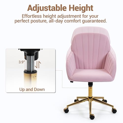 Velvet Make Up Vanity Chair with Wheels and Gold Base 330 Lbs - Pink | Home office Chair, Study Chair, Teacher Chair, Cute Chair, Height Adjustable Swivel Desk Chair, for Living Room Study Room - color: Pink