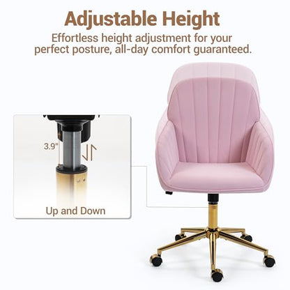 Velvet Make Up Vanity Chair with Wheels and Gold Base 330 Lbs - Pink | Home office Chair, Study Chair, Teacher Chair, Cute Chair, Height Adjustable Swivel Desk Chair, for Living Room Study Room - color: Pink