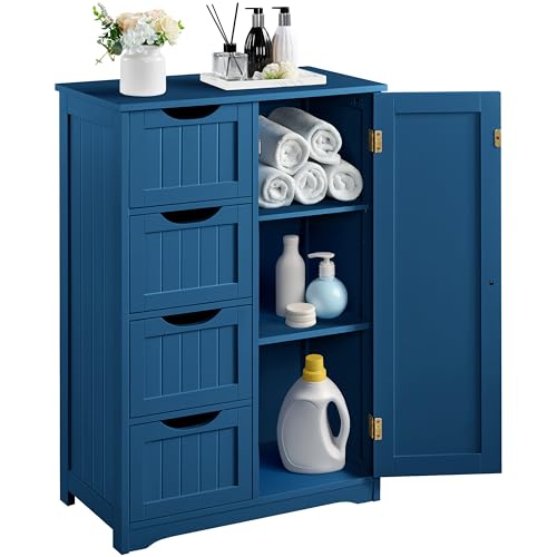 Yaheetech Small Bathroom Storage Cabinet with 4 Drawers & Door, Navy Blue | Floor Cabinet Organizer for Hallway, Living Room, 3-Position Adjustable Shelf, Beadboard Detail, MDF, 12"D x 22"W x 32.5"H - color: Navy Blue, size: 22 x 12 x 32.5 In (LxWxH)