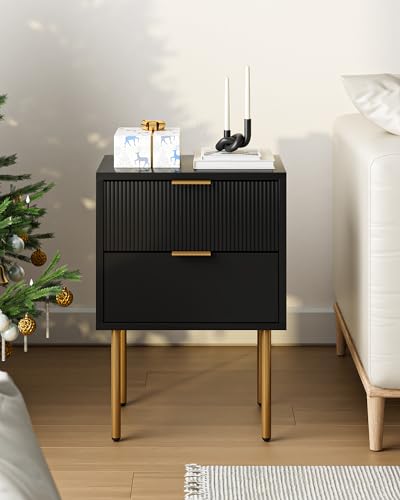 Nightstand,Small Bedside Table with Gold Frame,Black Night Stand,Bedside Furniture,Side Table with 2Drawers for Bedroom,Living Room - color: Black., style: 2Drawers