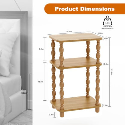 Small Side Table, 3-Tier End Table, Natural Wood | Farmhouse Style, Modern Accent, Narrow Design for Small Spaces, Bedroom & Living Room - color: Natual Wood, size: Standard