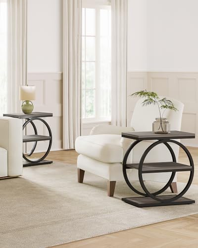 LITTLE TREE End Table Set 2, Side Table with 3 Tiers Shelves, Slim Sofa Side Table for Living Room, Tall Bedside Table Nightstand for Bedroom, Grey and Black - color: Grey