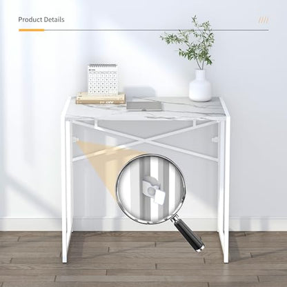 Lutown-Teen 32 inch Folding Small Desk, Writing Gaming Computer Camping Desk for Small Spaces, No Assembly Required Home Office Desk, White Marble - color: White Marble, size: 32 Inch