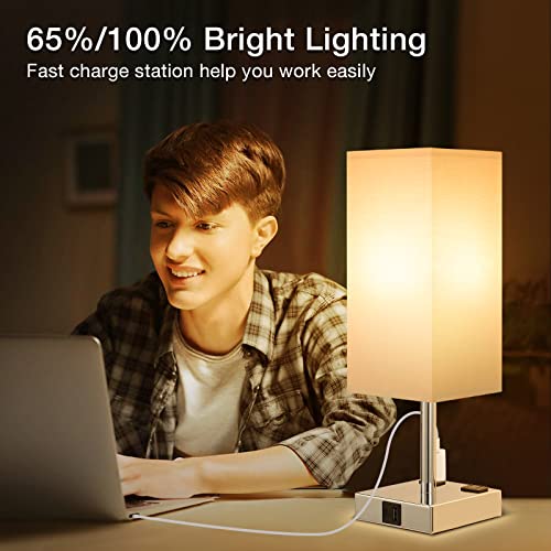 Touch Table Lamps Set of 2 for Bedroom - Dimmable, USB C+A, 2 AC Outlets | 3-Way Dimming, 3000K LED Bulbs Included, Square White Lampshade Silver Base, Small Bedside Lamp for Nightstand, Desk, Dorm - color: White-Silver