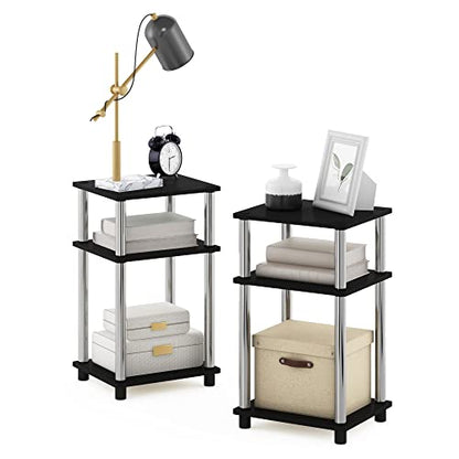 Furinno JUST Side Table Set of 2, 3-Tier Modern End Tables, Open Shelves Night Stand, Nightstand Set, Toolless Assembly, for Living Room, Bedroom, Americano/Stainless Steel - color: Americano/Chrome, size: 3-Tier, Round Pole, style: 2-Pack