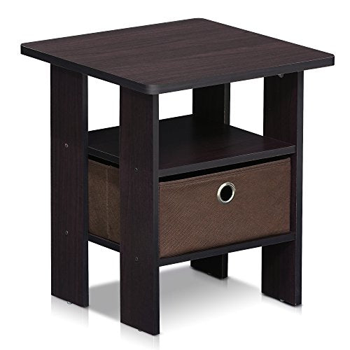 Furinno ANDREY Square Side Table, End Table, Night Stand, Dark Walnut | Open Shelves and Storage Bin, Bedside Table, for Living Room, Bedroom - color: Dark Walnut, size: 1-Pack, Center Bin