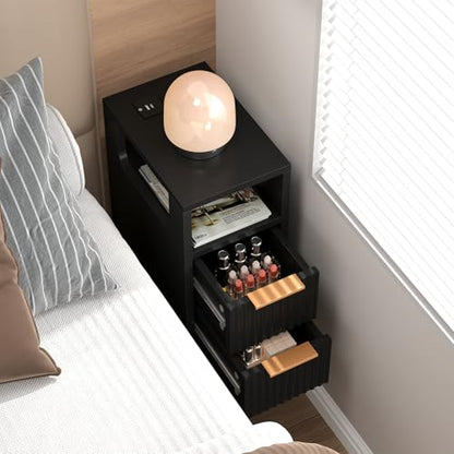 Narrow Side Table with Charging Station, Skinny Fluted Nightstand, Black | 7.9" Wide, 24.4" H, 2 Drawers, Solid Wood Feet, Open Shelf, Slim End Table for Small Spaces, Bedroom - color: Black-1 Pcs