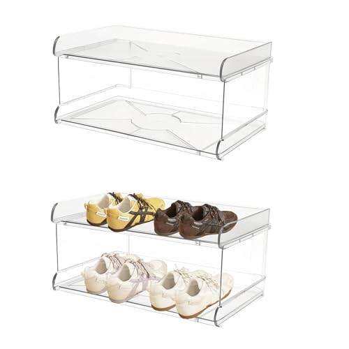 2 Tiers Acrylic Kids Shoe Rack,Shoe Organizer Storage for Shoe and Boot,Clear Shoes Shelf for Closet,Shoe Organizer for Entryway,for Hallway,Small Spaces,Garage,Closet