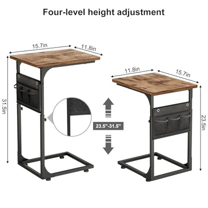 Fixwal C Shaped End Table Adjustable Height Side Table for Couch, TV Tray with Storage Bag Slide Under Sofa Small Tables for Living Room, Bedroom & Office, Rustic Brown - color: Rustic Brown, style: Long Board