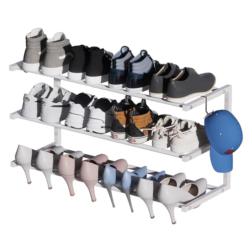 Wall Mounted Shoe Rack, 3 Tier Hanging Shoe Rack Holds 12 Pairs, 17"-30" Adjustable Heavy Duty Metal Shoe Organizer Holder with 2 Storage Hooks, Space Saving for Closet Entryway Doorway（White - color: White, size: 1 Pack