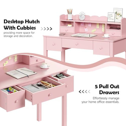 FUNKOCO Pink Writing Desk with Hutch & 5 Drawers - 40 Inch Modern Computer Workstation for Home Office, Teen Desk, Small Study Desk, Ideal for Gift - color: 4-large Pink
