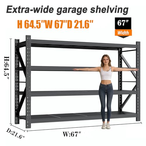 Garage Shelves Heavy Duty 67" W Metal Garage Shelving Unit High Load Capacity Industrial Storage Shelves for Garage Warehouse Basement - size: 64.5"H"67"W 21.6"D