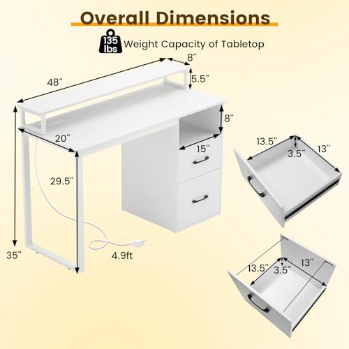 Giantex 48 Inch Computer Desk with Power Outlets & File Drawer, Home Office Desk with Monitor Stand, Gaming Desk with Storage Shelf, Modern Study Work Writing Table for Bedroom, Small Spaces, White