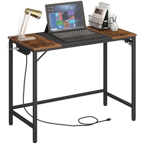 HOOBRO Computer Desk, 31.5 Inch Small Desk with Power Outlet, Writing Table with USB Charging Ports and 3 Hooks for Home Office, Study Room, Bedroom, Easy to Assemble, Rustic Brown and Black BF40UDN01 - color: Rustic Brown + Black, size: 31.5"W x 15.7"D x