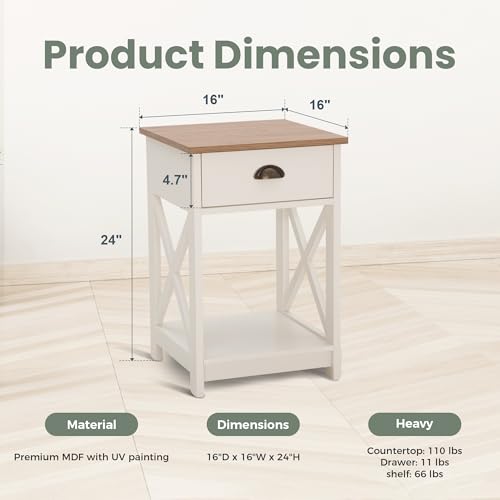 PHI VILLA End Table Living Room Set of 2 - Farmhouse Bedroom Nightstands Small Bedside Table, Ivory White Side Table - color: Ivory 1