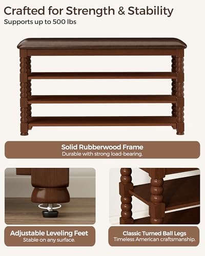 Homleke 39.4" Wide Solid Wood Shoe Rack Bench with Classic Turned Ball Legs | Tall 3-Tier Entryway Bench with Leather Seat, Holds Up to 12 Pairs, for Hallway, Bedroom and Closet, Walnut - color: Walnut, size: 3-Tier 39.4 Inch
