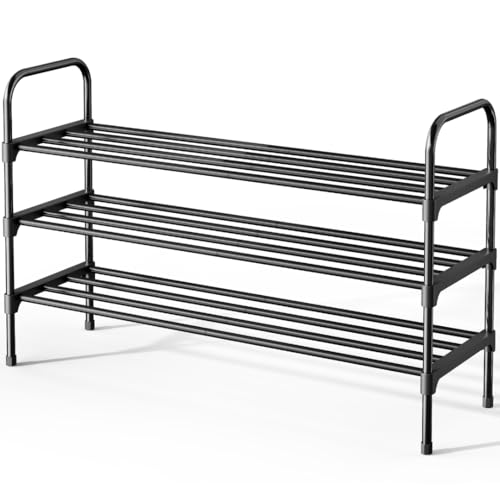 Kitsure Shoe Rack - 3-Tier Space-Saving Shoe Organizer & Shoe Shelf with Handle, Easy Assembly, Sturdy Metal Shoe Rack for Closet, Entryway, Bedroom, 28.0" x 11.8" x 26.5", Black - color: Black, size: 28.0" x 11.8" x 25.6"