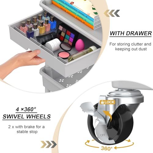 Goovilla 3 Tier Rolling Utility Cart Organizer with Removable Drawer, Stable and Sturdy Grey Rolling Storage Carts with 2 Lockable Wheels for Bathroom, Kitchen, Snack, Craft, Makeup, Baby Essentials - size: 3 Tier, style: Gray