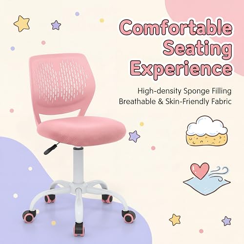 Costzon Kids Desk Chair, Armless Height Adjustable Kids Computer Chair w/Elastic Sponge Filling, Ergonomic Backrest & Stable 5-Point Wheels, Children Rolling Swivel Chair for Studyroom (Pink) - color: Pink