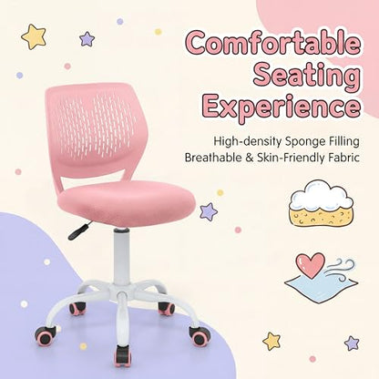 Costzon Kids Desk Chair, Armless Height Adjustable Kids Computer Chair w/Elastic Sponge Filling, Ergonomic Backrest & Stable 5-Point Wheels, Children Rolling Swivel Chair for Studyroom (Pink) - color: Pink