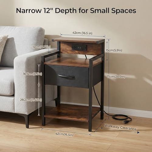 Industrial Nightstand with USB Charging Port, Narrow End Side Table with Fabric Drawer & Storage Shelf for Bedroom Living Room