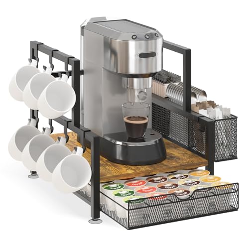 EsLuker.ly Coffee Bar Station Organizer with K Cup Drawer, Pod Holder Storage Rack with 7 Mug Hooks for Countertop, Wooden Coffee Machine Maker Stand for Home Office, Space-Saving for Coffee Lovers - color: Black+Dark Brown