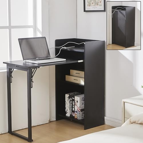 Fold Out Desk with Storage and Built-in Outlet, Mid Century Foldable Desk for Small Spaces, Hidden Folding Table for Home Office or Bedroom (Black) - color: Black