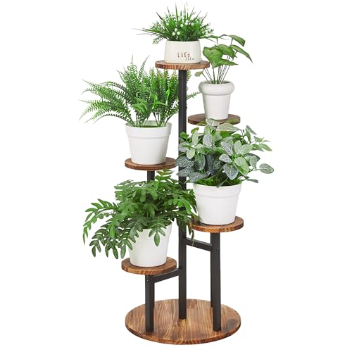 VECELO 6 Tier Plant Stand Indoor Outdoor, Tall Metal Wood Flower Shelf for Multiple Plants, Small Tiered Round Corner Display Rack, Planter Pot Holder for Patio Garden Balcony Living Room Bedroom - size: 6-Tier