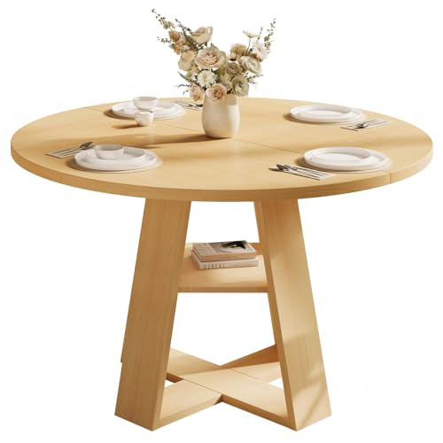 47.2" Round Dining Table for 4-6, Circle Kitchen Table with Open Storage Shelf, Farmhouse Dinner Table with Cross Pedestal Base for Dining Room, Kitchen, Living Room, Burlywood - color: Burlywood