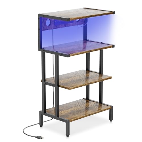 Aquzee Video Game Console Shelf, Stereo Racks - Media Stand with Outlet & Led Strip Light, 4-Tier Gaming Shelf for PS4 PS5 Xbox Games Organizer, Small Entertainment Center, AV Media Stand for CD DVD - color: Brown, size: Regular model (with outlet and lig