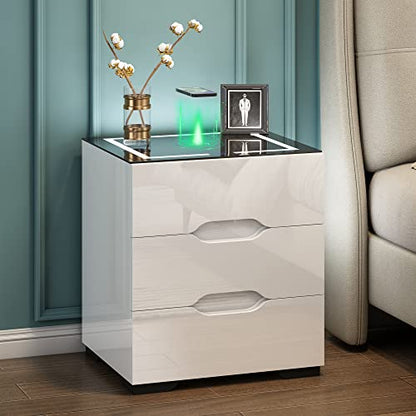 kepptory White Smart Nightstand with Wireless Charging Station & Adjustable LED Lights, High Gloss End Table with 3 Drawers & USB Charging, Bedside Table Organizer for Bedroom Use - color: White