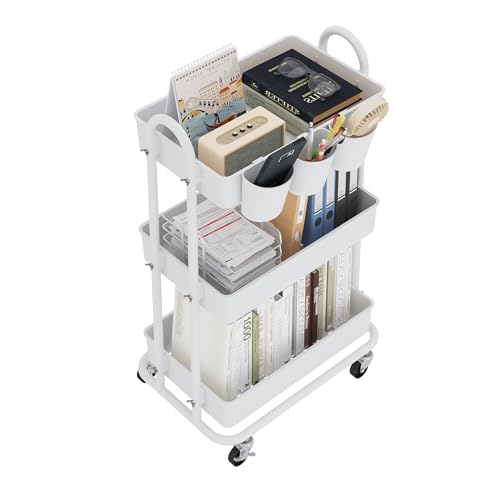 3-Tier Utility Cart with Wheels, Rolling Cart with 3 Hanging Baskets, Storage Shelves, Multi-Functional Organizer Cart for Bathroom, Office, Kitchen, White - size: With hanging baskets