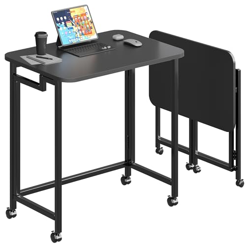 JSB Folding Desk for Small Spaces,Mobile Portable Rolling Laptop PC Table on Wheels,Foldable Computer Desk for Home Office,Bedroom,Dorm,Space Saving (All Black, 23.6") - color: All Black, size: 23.6"
